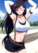 codeGeass <lora:codeGeass_offset:1>,  tifa lockhart, 1girl, thick lips, arm up, armpits, artist name, belt, black hair, breasts, brown eyes, cleavage, closed mouth, collarbone, cowboy shot, crop top, earrings, elbow gloves, elbow pads, gloves, jewelry, large breasts, lips, long hair, low-tied long hair, midriff, navel, one eye closed, outdoors, skirt, smile, solo, stomach, suspenders, tank top, upper body, ((masterpiece)) <lora:tifa_lockhart_offset:0.7>