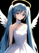codeGeass <lora:codeGeass_offset:1>, masterpiece, best quality, hatsune miku, white gown, angel, angel wings, golden halo, dark background, upper body, (closed mouth:1.2), looking at viewer, arms behind back, blue theme, cloud