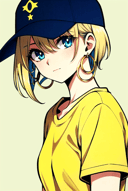 clamp \(circle\)<lora:clamp__circle__offset:1>,  masterpiece, best quality, 1girl, aqua eyes, baseball cap, blonde hair, closed mouth, earrings, green background, hat, hoop earrings, jewelry, looking at viewer, shirt, short hair, simple background, solo, upper body, yellow shirt