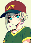 clamp \(circle\)<lora:clamp__circle__offset:1>,  masterpiece, best quality, 1girl, aqua eyes, baseball cap, blonde hair, closed mouth, earrings, green background, hat, hoop earrings, jewelry, looking at viewer, shirt, short hair, simple background, solo, upper body, yellow shirt