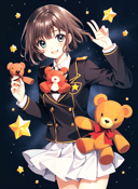clamp \(circle\)<lora:clamp__circle__offset:1>,  1girl, :d, black jacket, blunt bangs, brown hair, cowboy shot, green eyes, hair intakes, holding, holding stuffed toy, jacket, long sleeves, looking at viewer, open mouth, school uniform, short hair, skirt, smile, solo, star (symbol), starry background, stuffed animal, stuffed toy, teddy bear, tomoeda middle school uniform, uniform, white skirt, (masterpiece)