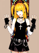 obata takeshi, masterpiece, best quality, 1girl, amane misa, aqua eyes, bandage over one eye, bandages, bare shoulders, belt, black eyes, black skirt, blonde hair, bracelet, buckle, chain, collar, colored sclera, cross, cross necklace, death note, earrings, elbow gloves, fangs, fingerless gloves, fishnet pantyhose, fishnets, gloves, gothic, heart, heart necklace, highres, hoop earrings, jewelry, lipstick, long hair, makeup, necklace, o-ring, official art, pantyhose, photoshop (medium), red lips, rem (death note), ring, scan, shinigami, skirt, skull and crossbones, skull necklace, slit pupils, smile, stained glass, studded belt, studded bracelet, studded collar, two side up, yellow sclera, zipper <lora:obata_takeshi_offset:1>