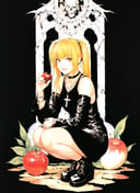 obata takeshi, masterpiece, best quality, 1girl, amane misa, apple, black choker, black dress, black footwear, blonde hair, choker, cross, cross necklace, death note, detached sleeves, dress, food, fruit, full body, highres, jewelry, long hair, necklace, skull, smile, solo, squatting, twintails <lora:obata_takeshi_offset:1>