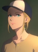 witcher, masterpiece, best quality, 1girl, aqua eyes, baseball cap, blonde hair, closed mouth, earrings, green background, hat, hoop earrings, jewelry, looking at viewer, shirt, short hair, simple background, solo, upper body, yellow shirt <lora:witcher_offset:1>