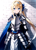 bunbun <lora:bunbun_offset:1>, masterpiece, best quality, alice zuberg, 1girl, armor, armored dress, blonde hair, blue cape, blue dress, blue eyes, bow, breastplate, brick wall, cape, dress, hair bow, hairband, knight, long hair, looking at viewer, ponytail, shoulder armor, solo, very long hair, weapon, white armor, white bow, white hairband