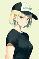 optionaltypo, masterpiece, best quality, 1girl, aqua eyes, baseball cap, blonde hair, closed mouth, earrings, green background, hat, hoop earrings, jewelry, looking at viewer, shirt, short hair, simple background, solo, upper body, yellow shirt <lora:optionaltypo_offset:1>