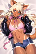 optionaltypo, masterpiece, best quality, 1girl, animal ears, black choker, blonde hair, blue eyes, breasts, choker, collar, earrings, fingerless gloves, genderswap, genderswap (mtf), gloves, heart, jacket, jewelry, leather, leather jacket, long hair, looking at viewer, lying, navel, o-ring, o-ring choker, open clothes, open jacket, open mouth, pig ears, pig girl, pig tail, pink ribbon, ribbon, shiny skin, short shorts, shorts, single earring, smile, solo, tail, tan, tanlines   <lora:optionaltypo_offset:1>