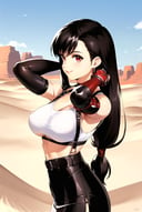 optionaltypo, masterpiece, best quality, tifa lockhart , 1girl, arms behind head, bare shoulders, belt, black gloves, black hair, black skirt, blue sky, breasts, crop top,  day, desert, elbow gloves, elbow pads, from side, hair tie, hand in own hair, high-waist skirt, large breasts, leather skirt, long hair, looking at viewer, low-tied long hair, midriff, outdoors, red eyes, red gloves, shirt,  sky, sleeveless shirt, smile, solo focus, suspenders, underboob, white shirt,   <lora:optionaltypo_offset:1>