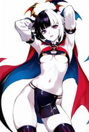 optionaltypo, masterpiece, best quality, draculita, 1girl, areola slip, armpits, arms behind head, arms up, artist name, black hair, blunt bangs, breasts, cape, colored skin, detached sleeves, long sleeves, looking at viewer, medium breasts, multicolored hair, navel, parted lips, pelvic curtain, purple eyes, solo, split-color hair, stomach, striped, striped thighhighs, thighhighs, two-tone hair, underboob, virtual youtuber, white hair, white skin   <lora:optionaltypo_offset:1>