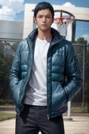 (masterpiece, best quality:1.2), <lora:kb_aomine-10:1>, cowboy shot, solo, male focus, 1boy, aomine daiki, muscular, serious, closed mouth, hands in pockets, dark blue hair, puffer jacket, down jacket, basketball court