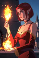 outdoors, castle far away, 1girl, fire, red hair, pointy ears, red eyes, short hair, bob haircut, solo, breasts, choker, cleavage, pyrokinesis, magic, fireball, fire magic, long hair, dress, jewelry, medium breasts, long sleeves, elf, wide sleeves, lips, earrings, looking to the side, looking away, closed mouth, embers, flame, upper body , ((masterpiece)) 