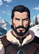 witcher, masterpiece, best quality, solo, 1boy, facial hair, beard, male focus, outdoors, mountain, short hair, black hair, yellow eyes, tree, upper body, sky, day, fur trim, mature male, looking at viewer, mustache, 