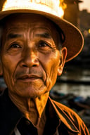 A close-up of a Vietnamese old man's face, illuminated by the light of a fire, with a backdrop of a dirty river and a shanty town.