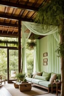 transform the living room into an enchanted forest by hanging sheer, green fabric from the ceiling to create a canopy effect, adding potted plants and trees, and using earthy tones and natural materials for the furniture and decor.