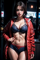 1girl, solo, short hair, (superwoman), huge breasts, (open jacket, bra, lace), sweaty skin, red lips, blue eyes, sexy pose, night