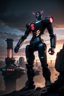 giant robot, sci-fi, robot war, (detailed background), cinematic, futuristic, detailed landscape, cybernetic, neon