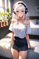 (masterpiece, best quality:1.2), (absurdres, highres, ultra-detailed), (perfect anatomy), BREAK , realistic, 1girl, hair over one eye, parted lips, blush, makeup, light smile, white hair, t-shirt, skirt, headphones, glow, thighs, purple eye, bare shoulders, collarbone, narrow waist, bedroom, sunlight, flower, (masterpiece), underwear, potted plant, television, wallpaper, sunbeam , BREAK , good