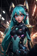 cgmech, beautiful eyes, upper body, underboob,  portrait, robot, armor, Hatsune Miku, neon light, 8K, RAW, best quality, masterpiece, ultra high res, colorful, (medium wide shot), (dynamic perspective), sharp focus , (depth of field, bokeh:1.3), extremely detailed eyes and face, beautiful detailed eyes,large breasts,(black gold, trimmed gear:1.2),(In a futuristic weapons factory:1.2), ((masterpiece, best quality)), <lora:more_details:0.3> Detailed background, spaceship interior  <lora:Niji:0.5>
