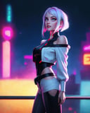 masterpiece, (photorealistic:1.4), best quality, beautiful lighting, (ulzzang-6500:0.5), lucy \(cyberpunk\), 1girl, white hair, against railing, arm rest, bangs, bare shoulders, belt, black belt, black leotard, black pants, blurry, bob cut, breasts, building, cityscape, clothing cutout, (cropped jacket), cyberpunk, depth of field, from side, gradient eyes, grey eyes, grey hair, white jacket, leotard, lips, long sleeves, looking afar, looking ahead, (mechanical parts), medium breasts, multicolored eyes, multicolored hair, night, night sky, off shoulder, open clothes, open jacket, outdoors, pants, parted lips, railing, red eyeliner, science fiction, short hair with long locks, short shorts, shorts, sidelocks, sky, solo, standing, teeth, thigh cutout, upper teeth only, white jacket, white shorts, cyberpunk \(series\), cyberpunk edgerunners, RAW photo, 8k uhd, film grain, cosplay, white wig, night, neon lights,,,, <lora:lucy_offset:1.21>