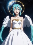 (anime coloring, anime screencap, ghibli, mappa, anime style), 1girl, hatsune miku, white gown, angel, angel wings, golden halo, dark background, upper body, (closed mouth:1.2), looking at viewer, arms behind back, blue theme, stars, starry night
