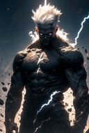 black humanoid made of rock, upper body, barechested, male,  ((masterpiece, best quality)),  <lora:more_details:0.3>, cracked skin, white electricity coming through cracks, muscular male, (dragonborn:0.6), white hairoutdoors, detailed background <lora:dragonborn_offset:0.6> <lora:r1ge - AnimeRage:1> <lora:Cracked Skin:1.2>