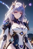 masterpiece,best quality,ultra-detailed,very detailed illustrations,extremely detailed,half-mach,intricate details,highres,super complex details,extremely detailed 8k cg wallpaper,cowboy shot, caustics,reflection,ray tracing,demontheme,nebula,dark aura,cyber effect, (1girl:1.4),solo,alone,mecha musume,mechanical parts, robot joints,single mechanical arm, headgear, mechanical halo,star halo,intricate mechanical bodysuit, mecha corset, full armor, very long hair,white hair, hair between eyes, multicolored hair, colored inner hair, glowing eye,eye trail, random expressions,random action, pond, starry sky,skyline,11,leishen