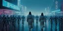 a cinematic photograph of jesus walking through a dystopian city street whilst a large group of cyber tech robots follow, rain falls, neon advertisement light up the street, ultra realistic, high definition <lora:JuggerCineXL2:1.0>