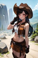 masterpiece, best quality, hatTifa, cowboy hat, brown vest, white shirt, black gloves, brown miniskirt, cowboy boots, standing, mountains, rock formations, looking at viewer, smile <lora:tifa-nvwls-v1-000008:0.9>