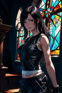 masterpiece, best quality, acTifa, black tank top, zipper, black shorts, black skirt, black gloves, looking at viewer, church, upper body, smile, chiaroscuro shading, stained glass <lora:tifa-nvwls-v1-000008:0.9>