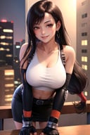 masterpiece, best quality, defTifa, white crop top, elbow pad, fingerless gloves, suspenders, pencil skirt, upper body, looking at viewer, leaning forward, smile, bar, city at night <lora:tifa-nvwls-v1-000008:0.9>