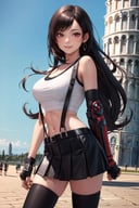 masterpiece, best quality, 7rtifa, crop top, arm guards, fingerless gloves, suspenders, pleated miniskirt, black thighhighs, upper body, standing, (leaning tower of pisa) in background, looking at viewer, smile <lora:tifa-nvwls-v1-final:0.8>