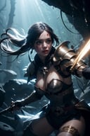 (photorealistic:1.3, realistic, ultrarealistic, hyperrealistic), masterpiece, absurdres, highres, high quality, ultra detailed, beautiful and aesthetic, horror (theme), 1girl, dynamic pose, <lora:zhongfenghua:0.4> , shiny skin, (holding weapon:1.4), enchanted armor, ancient, intricate details, expressive drips, (energetic movement:1.2), (sense of depth:1.6), glowing aura, in the depths of a gloomy dungeon, illuminated by divine light, (perfect lighting:1.3),(mysterious scenery), magical lighting, skull, blood, blood splatter,