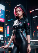 edgNoire,upper body shot,female, woman wearing casual hoodie with logos, sleek designer bodysuit, (cyber leggings:1.1) ,cyberpunk scene 