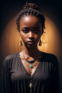 masterpiece, best quality, ultra high res, 1 dark skinned African girl, (fractal art:1.3), deep shadow, dark theme, fully clothed, necklace, forlorn, cowboy shot<lora:add_detail:1>