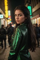 A tenacious female journalist uncovering a high-stakes conspiracy in a bustling metropolis, weaving through crowded streets and dark alleyways, close up, Detailed clothes, green eyes, flowing hair, determined expression, shiny glossy skin, subsurface scattering, (sharp:0.7), [(colorful explosion psychedelic paint colors:1.21)::0.05], amazing fine detail, Nikon D850 film stock photograph Kodak Portra 400 camera f1.6 lens, rich colors, lifelike texture, dramatic lighting, urban environment, skyscrapers, neon signs, street vendors, dynamic composition, unreal engine, trending on ArtStation, cinestill 800 tungsten <lora:epiCRealismHelper:1>