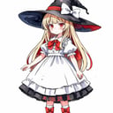 best quality,masterpiece,traditional media, marker_\(medium\),painting_\(medium\),watercolor_\(medium\),simple_background,1girl,witch,solo, full body,long hair, blonde hair, witch hat,red eyes,puffy sleeves,white_bow,dress,red_footwear,bow, short sleeves,boots, <lora:CuteQ:1>