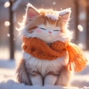 Xxmix_Catecat,scarf, outdoors, closed eyes, blush, orange scarf, blurry, snow, earmuffs, snowing, winter, blurry background, sitting,facing viewer, orange fur, depth of field, cat,summer,cat