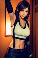 ff7r style, tifa lockhart, 1girl, thick lips, arm up, armpits, artist name, belt, black hair, breasts, red eyes, cleavage, closed mouth, collarbone, cowboy shot, crop top, earrings, elbow gloves, elbow pads, gloves, jewelry, large breasts, lips, long hair, low-tied long hair, midriff, navel,   indoors, skirt, smile, solo, stomach, suspenders, tank top, upper body, ((masterpiece)) <lora:tifa_lockhart:0.2> <lora:ff7r_style_ned_offset:1> 