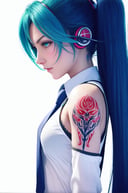 ff7r style, hatsune miku,1girl, bare shoulders, blue eyes, blue hair, blue necktie, blush, breasts, closed mouth, detached sleeves, from side, headphones, long hair, long sleeves, looking at viewer, looking to the side, necktie, number tattoo, shirt, shoulder tattoo, simple background, small breasts, solo, tattoo, twintails, upper body, very long hair, white background, white shirt, ((masterpiece))<lora:ff7r_style_ned_offset:1> 