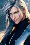 ff7r style,long hair, male focus, solo, 1boy, shoulder armor, armor, blurry background, blurry, green eyes, closed mouth, realistic, smile, black jacket, looking at viewer, jacket, grey hair, bangs, upper body, portrait, pauldrons, white hair, ((masterpiece))<lora:ff7r_style_ned_offset:1> 