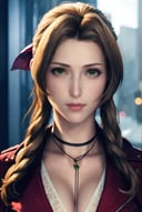 ff7r style, aerith gainsborough, 1girl, solo, realistic, green eyes, brown hair, long hair, blurry, looking at viewer, red jacket, jewelry, blurry background, necklace, choker, jacket, portrait, lips, ribbon, hair ribbon, bow, nose, closed mouth , ((masterpiece)) <lora:ff7r_style_ned_offset:1>