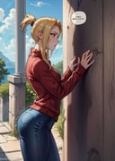masterpiece, best quality, quistis, red sweater, black jeans, facing a wall, wall, talking, (talking to a wall:1.5), speech bubble, standing <lora:quistis-nvwls-v4:0.7>