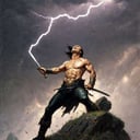 <lora:fr4z3tt4:0.4>fr4z3tt4  man raises sword to sky and gets struck by lightning