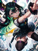 1girl, masterpiece, best quality, Tsuyu Asui from My Hero Academia, She stretches with one hand towards the spectator. Winks one eye, aroused look, big breasts, sexy bra, kids white panties, shirt, thighhighs, white background, multicolored hair (green hair, fades to purple) , black thighhighs, slit pupils, (looking at viewer, ), high contrast, (bright colors hair), perfect anatomy, highly detailed
 (realistic:1.2), (realism), (masterpiece:1.2), (best quality), (ultra detailed), (8k, 4k, intricate),(full-body-shot 1)),(highly detailed 1.2),(detailed face:1.2), nsfw, colorful,(detailed eyes:1.2)(detailed background),detailed landscape, (dynamic angle:1.2), (dynamic pose:1.2), (rule of third_composition:1.3), (Line of action:1.2)