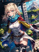 1girl, masterpiece, best quality, ryuu lion ((Goblin_slayer)), 1girl, solo, green scarf, covered mouth, pointy ears, thigh boots, boots, gloves, thighhighs, blue eyes, blonde hair, elbow gloves, knife, hood, brown footwear, cape, sheath, sleeveless shirt, belt, medium breasts, cloak, panty , cowboy shot  outdoor, sunny, standing, cowboy shot slit pupils, (looking at viewer, ), high contrast, (bright colors hair), perfect anatomy, highly detailed
 (realistic:1.2), (realism), (masterpiece:1.2), (best quality), (ultra detailed), (8k, 4k, intricate),(full-body-shot 1)),(highly detailed 1.2),(detailed face:1.2), nsfw, colorful,(detailed eyes:1.2)(outside background),detailed landscape (mountain behind), (dynamic angle:1.2), (dynamic pose:1.2), (rule of third_composition:1.3), (Line of action:1.2)