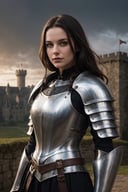 1woman, Knight, Armour, silver, gothic, Arthurian, camelot, dnd character portrait, high fantasy, castle background