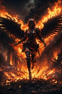 Highres, best quality, extremely detailed, area lighting in background, HD, 8k, 1girl, armor, fiery eyes, overlooking an army, horror style, area lighting in background, flame dress, large burning wings, (levitating:1.2) portrait, upper_body