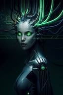 <lora:shodan-10:0.7>, shodanSS_soul3142, 1girl,  glowing eyes, green theme, tube in head, cables, neon, science fiction, circuit board  background