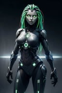 <lora:shodan-10:0.6>, shodanSS_soul3142, 1girl, solo, green eyes, glowing eyes, robot joints, long hair, looking at viewer, glowing, green hair, grey skin, android, colored skin