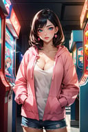 (masterpiece, best quality:1.4), ultra-detailed, dimly lit, glow, lights, (depth of field), a woman, perfect face, detailed face, pink lips, glossy lips, makeup, expressive eyes, blue eyes, black hair, (natural breasts, cleavage), (pink open hoodie), hands in pockets, standing, (at arcade), (arcade machines),